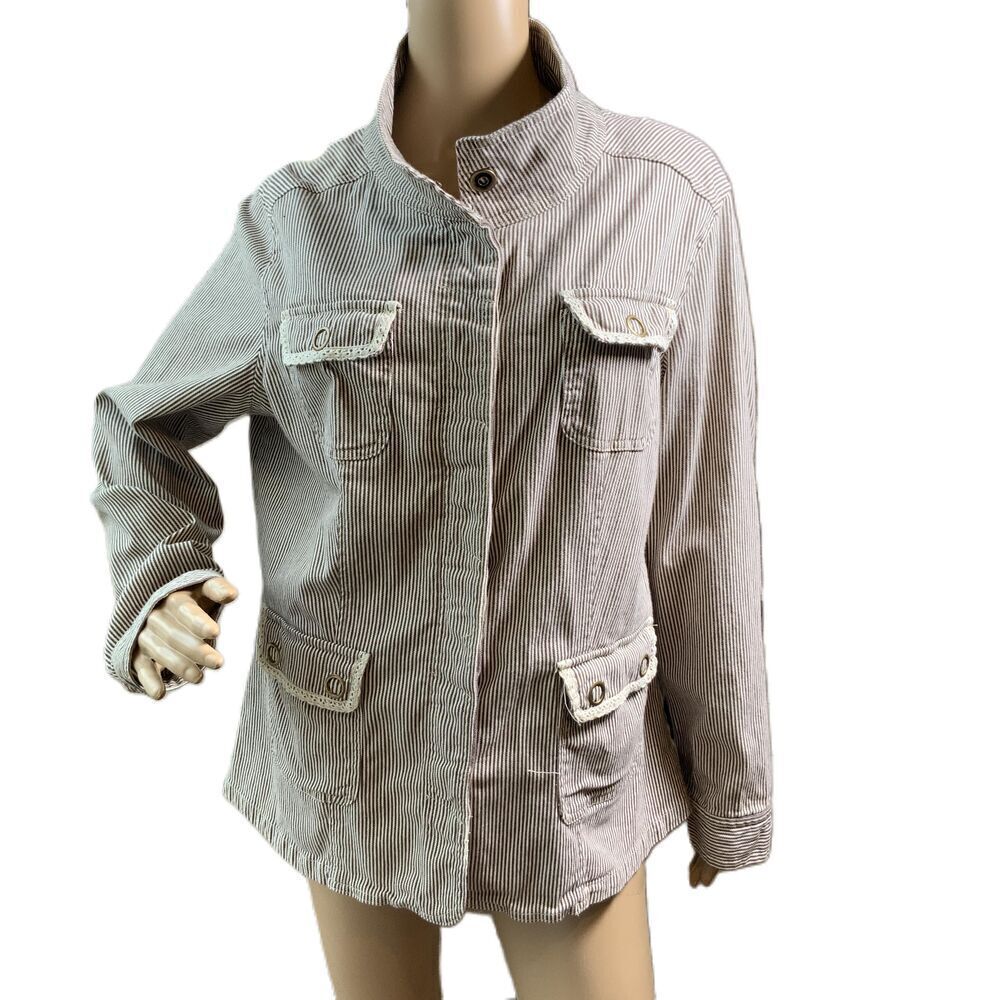 OSO Casuals Brown White Striped Stand Collar Utility Jacket Size 1X‎ Cottagecore